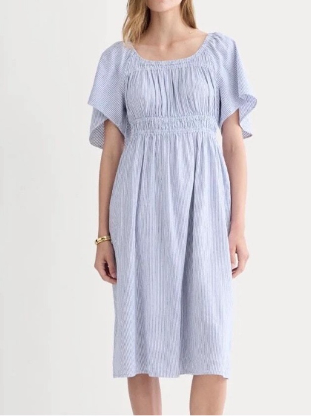 Everlane The Flutter Sleeve Dress Blue White Striped Stretch Linen Flax Smocked